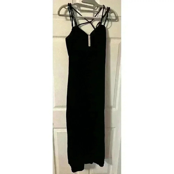 Vintage 90s Black Velour Velvet Spaghetti Strap Maxi Dress Jewel Detail ILGWU - Picture 1 of 7